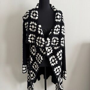WHBM Granny Square Patchwork Maxi Long Crochet Knit Cardigan S Black Mohair